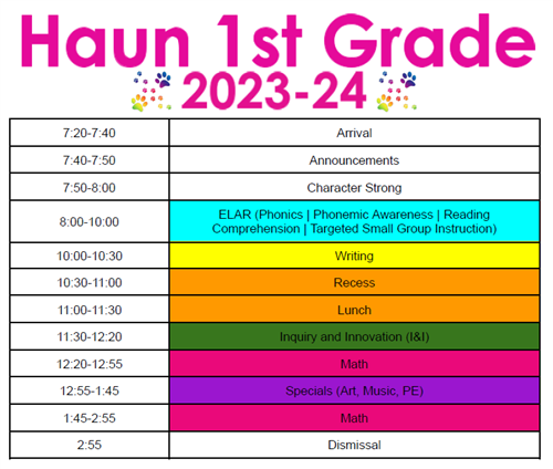 First Grade daily schedule